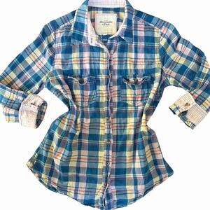 Abercrombie & Fitch Vintage Y2K Blue Plaid Button Up Shirt 3/4 Sleeves Size S